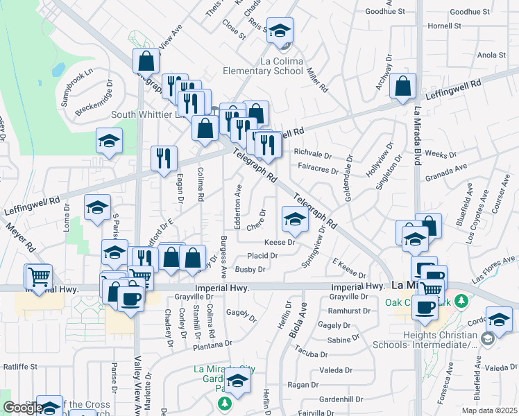 map of restaurants, bars, coffee shops, grocery stores, and more near 14533 Chere Drive in Whittier