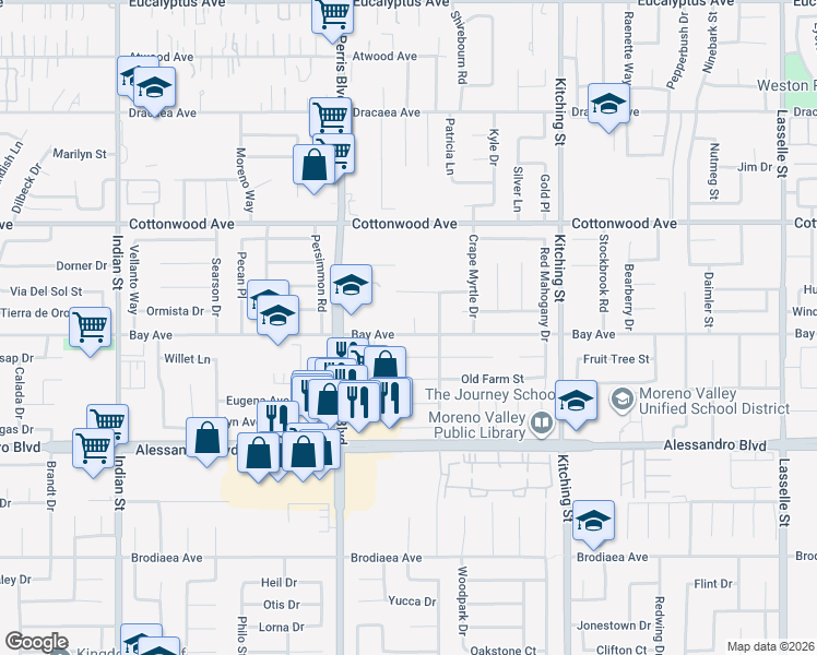 map of restaurants, bars, coffee shops, grocery stores, and more near 25152 Bay Avenue in Moreno Valley
