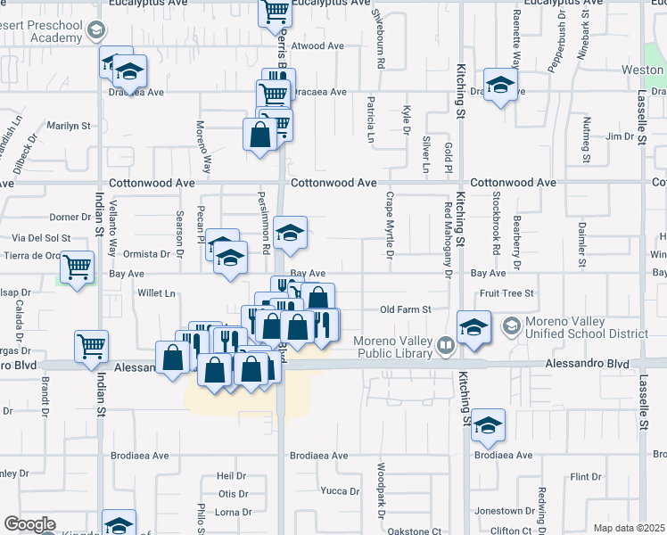 map of restaurants, bars, coffee shops, grocery stores, and more near in Moreno Valley