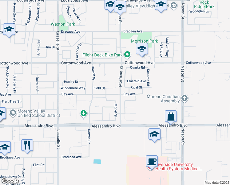 map of restaurants, bars, coffee shops, grocery stores, and more near 26470 Bay Avenue in Moreno Valley