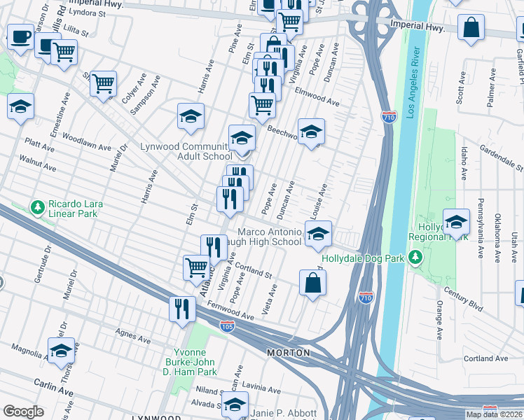 map of restaurants, bars, coffee shops, grocery stores, and more near 11367 Pope Avenue in Lynwood