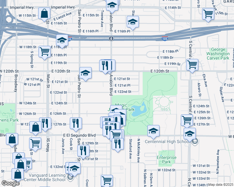 map of restaurants, bars, coffee shops, grocery stores, and more near 614 East 122nd Street in Los Angeles