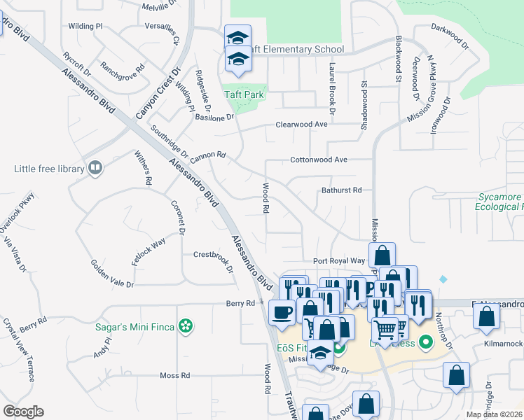 map of restaurants, bars, coffee shops, grocery stores, and more near 905 High Peak Drive in Riverside