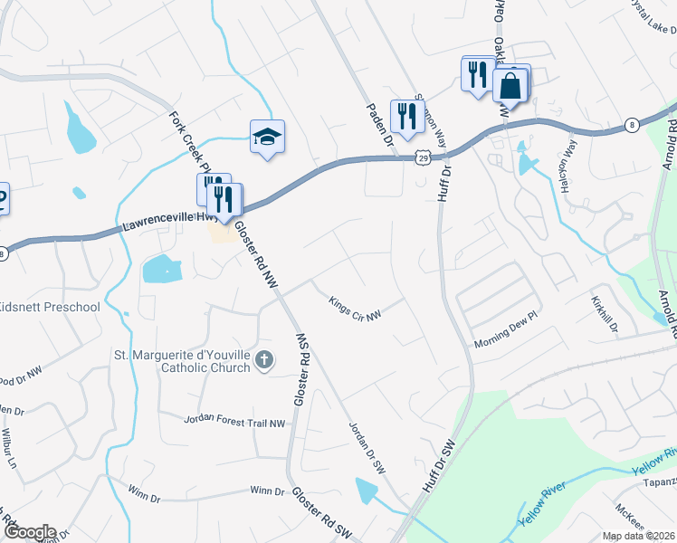 map of restaurants, bars, coffee shops, grocery stores, and more near 2618 Kings Way Northwest in Lawrenceville