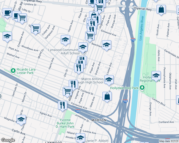 map of restaurants, bars, coffee shops, grocery stores, and more near 11367 Pope Avenue in Lynwood