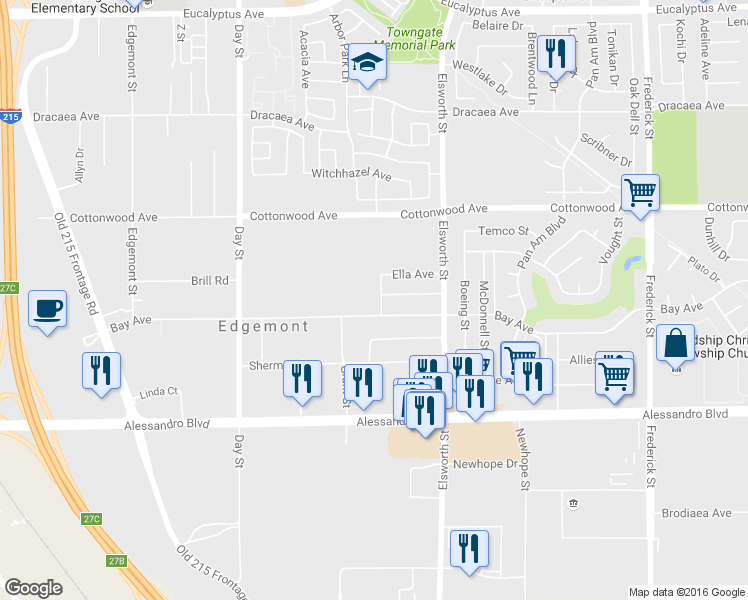 map of restaurants, bars, coffee shops, grocery stores, and more near 13727 Phyllis Avenue in Moreno Valley