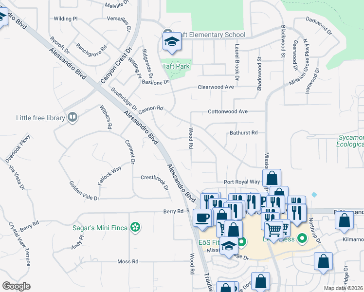 map of restaurants, bars, coffee shops, grocery stores, and more near 905 High Peak Drive in Riverside