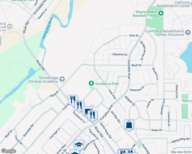 map of restaurants, bars, coffee shops, grocery stores, and more near 2720 Vine Avenue in Norco