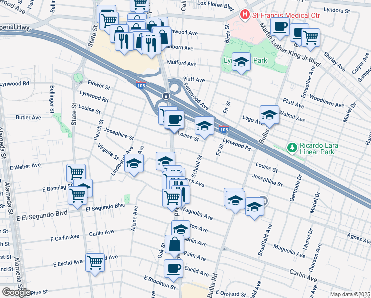 map of restaurants, bars, coffee shops, grocery stores, and more near 11812 Long Beach Boulevard in Lynwood