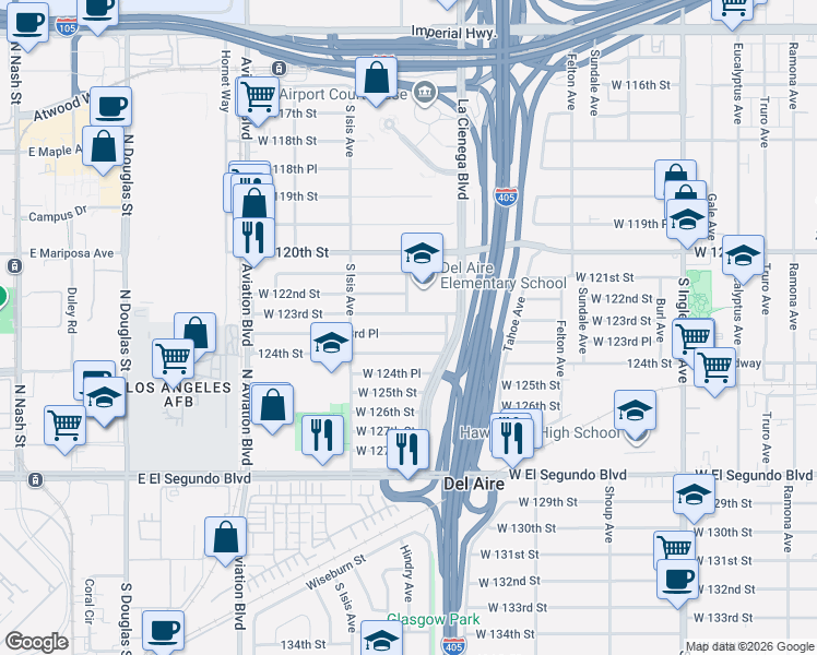 map of restaurants, bars, coffee shops, grocery stores, and more near 5302 West 123rd Place in Hawthorne