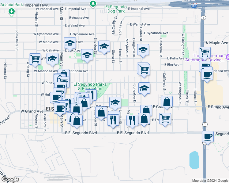 map of restaurants, bars, coffee shops, grocery stores, and more near 707 East Holly Avenue in El Segundo