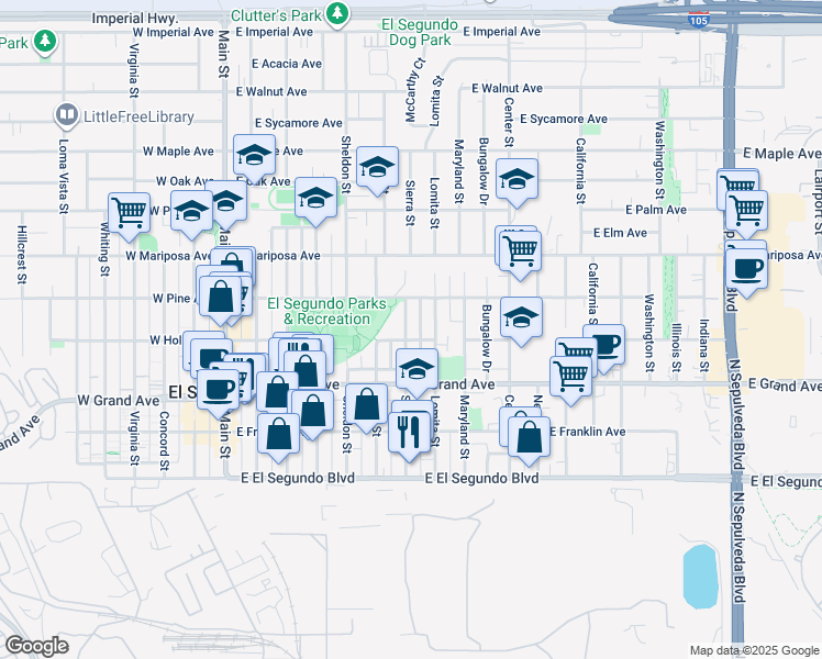 map of restaurants, bars, coffee shops, grocery stores, and more near 707 East Holly Avenue in El Segundo