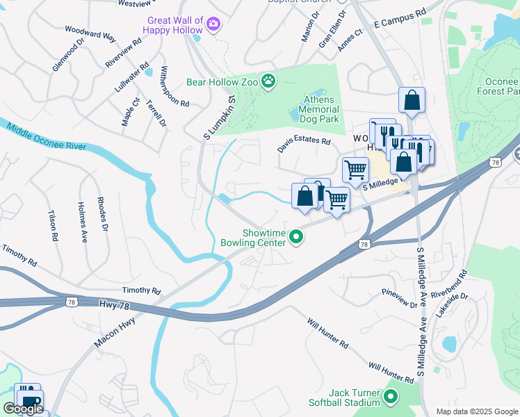 map of restaurants, bars, coffee shops, grocery stores, and more near 325 Davis Street in Athens