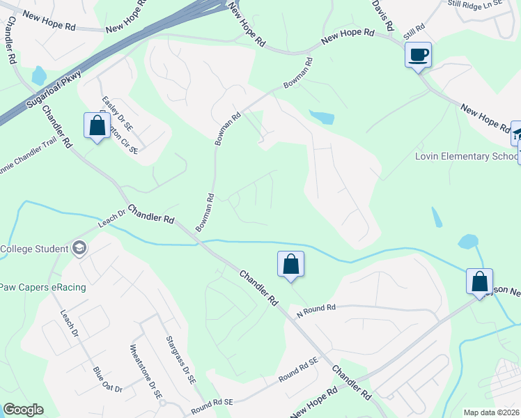map of restaurants, bars, coffee shops, grocery stores, and more near 1680 Chandler Road in Lawrenceville