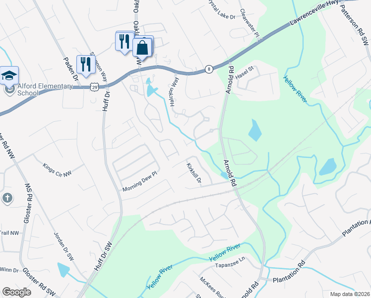 map of restaurants, bars, coffee shops, grocery stores, and more near 2404 Stancrest Lane in Lawrenceville