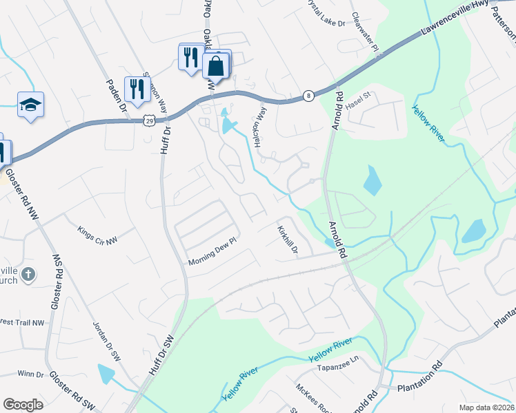 map of restaurants, bars, coffee shops, grocery stores, and more near 162 Haven Oak Way in Lawrenceville
