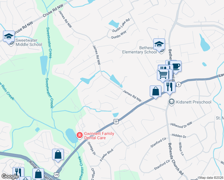 map of restaurants, bars, coffee shops, grocery stores, and more near 555 Saint James Court Northwest in Lawrenceville