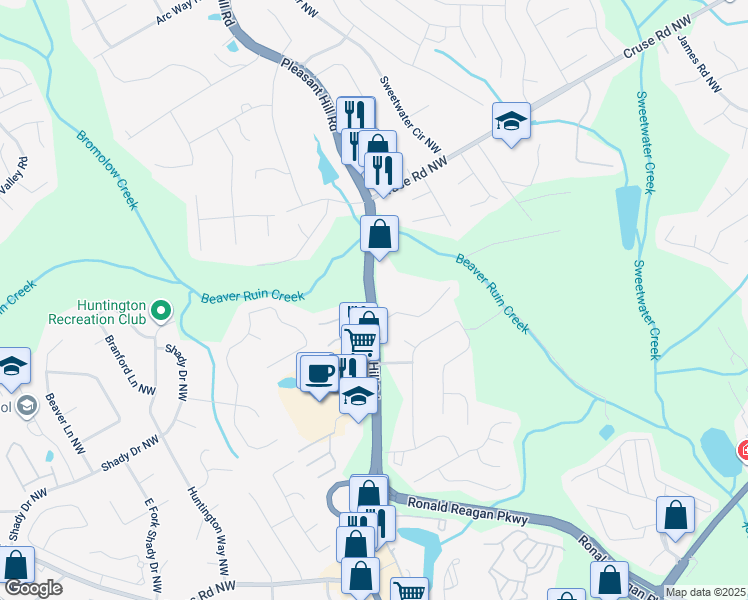 map of restaurants, bars, coffee shops, grocery stores, and more near 805 Pleasant Hill Road in Lilburn