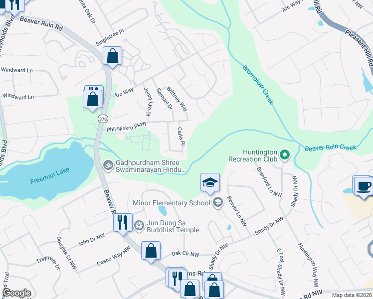 map of restaurants, bars, coffee shops, grocery stores, and more near 961 Carla Place in Norcross