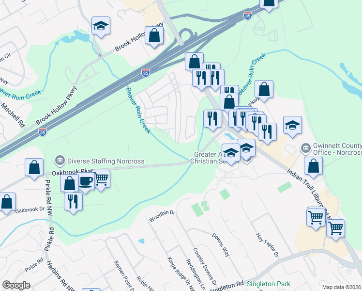 map of restaurants, bars, coffee shops, grocery stores, and more near 1559 Cove Creek Circle in Norcross