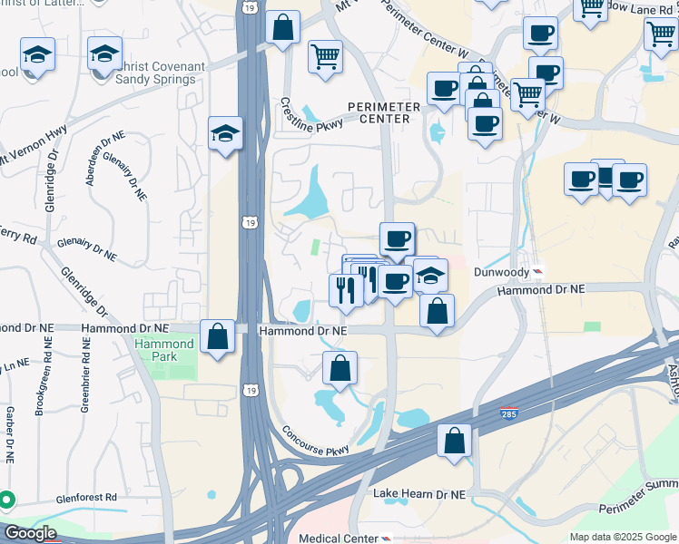map of restaurants, bars, coffee shops, grocery stores, and more near 510 Garden Court in Sandy Springs
