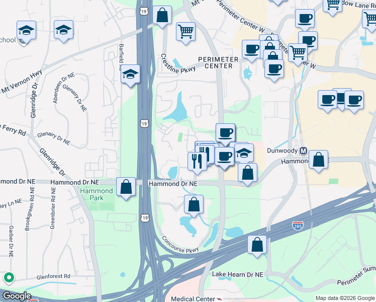 map of restaurants, bars, coffee shops, grocery stores, and more near 510 Garden Court in Sandy Springs