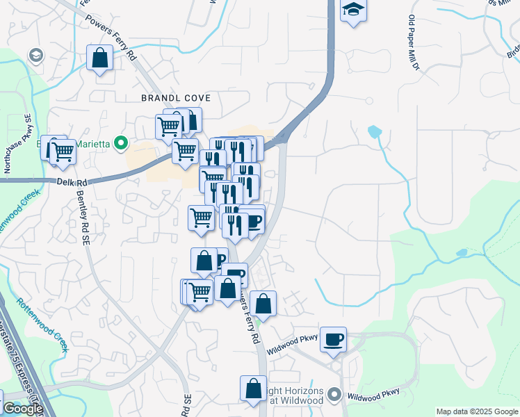 map of restaurants, bars, coffee shops, grocery stores, and more near 1300 Tigerwood Bend in Marietta