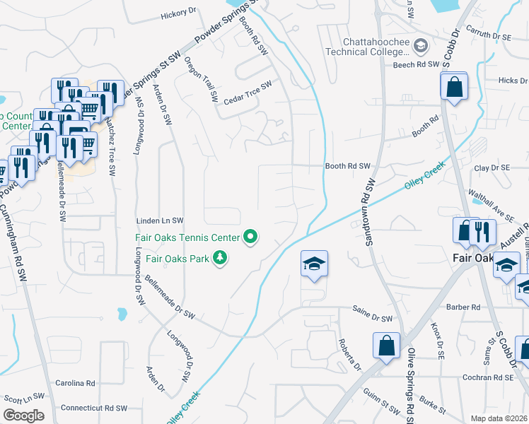 map of restaurants, bars, coffee shops, grocery stores, and more near 1285 Scripps Court Southwest in Marietta