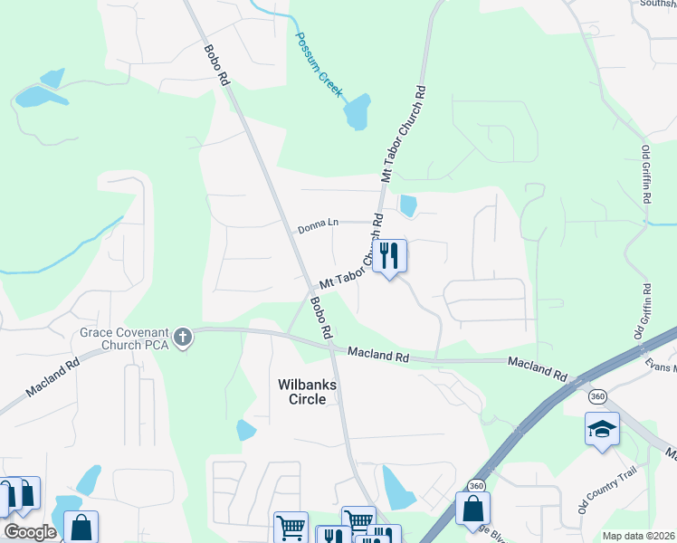 map of restaurants, bars, coffee shops, grocery stores, and more near 225 Mount Tabor Church Road in Dallas