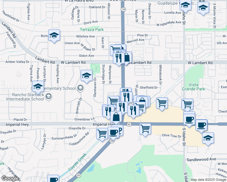 map of restaurants, bars, coffee shops, grocery stores, and more near 911 South Beach Boulevard in La Habra