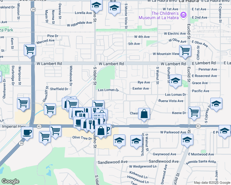 map of restaurants, bars, coffee shops, grocery stores, and more near 900 Las Lomas Drive in La Habra