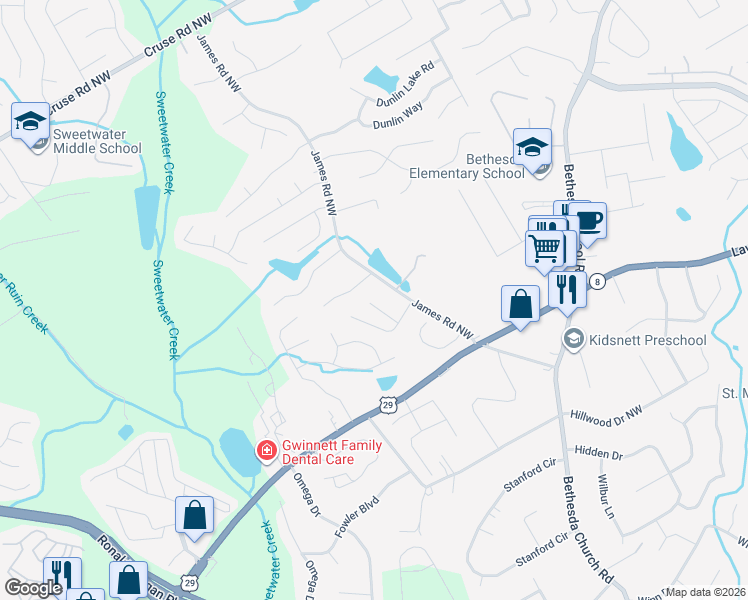 map of restaurants, bars, coffee shops, grocery stores, and more near 555 Saint James Court Northwest in Lawrenceville