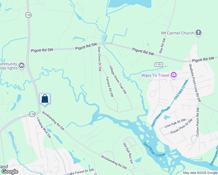 map of restaurants, bars, coffee shops, grocery stores, and more near 4574 Breakers Trace Court in Shallotte