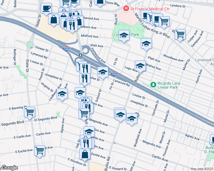 map of restaurants, bars, coffee shops, grocery stores, and more near 11700 School Street in Lynwood