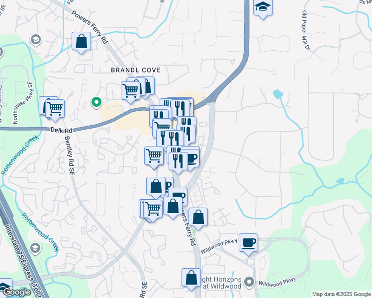 map of restaurants, bars, coffee shops, grocery stores, and more near 1253 Powers Ferry Road in Marietta