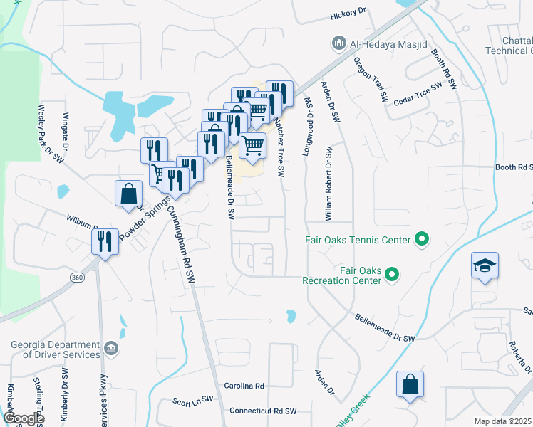 map of restaurants, bars, coffee shops, grocery stores, and more near 640 Springhollow Lane Southwest in Marietta