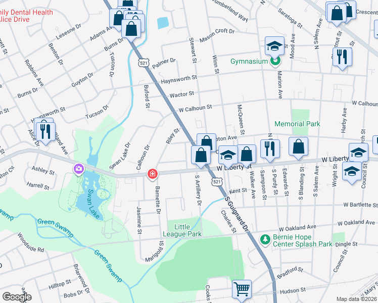 map of restaurants, bars, coffee shops, grocery stores, and more near 2 Sam Smith Street in Sumter