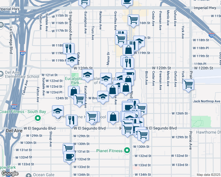 map of restaurants, bars, coffee shops, grocery stores, and more near 12236 Manor Drive in Hawthorne