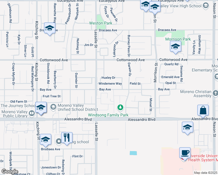 map of restaurants, bars, coffee shops, grocery stores, and more near 26102 Bay Avenue in Moreno Valley