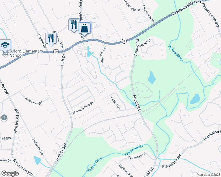 map of restaurants, bars, coffee shops, grocery stores, and more near 2404 Stancrest Lane in Lawrenceville