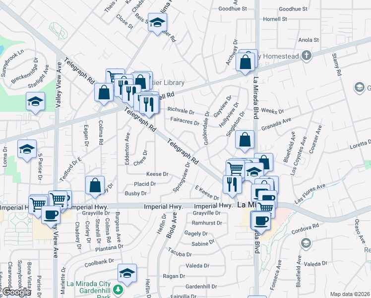 map of restaurants, bars, coffee shops, grocery stores, and more near 14704 Sunnymead Drive in La Mirada