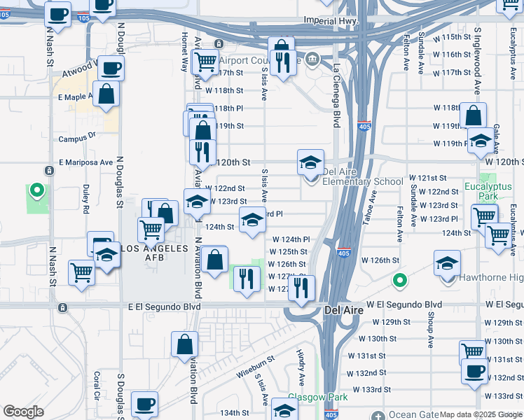map of restaurants, bars, coffee shops, grocery stores, and more near 5403 West 123rd Place in Hawthorne