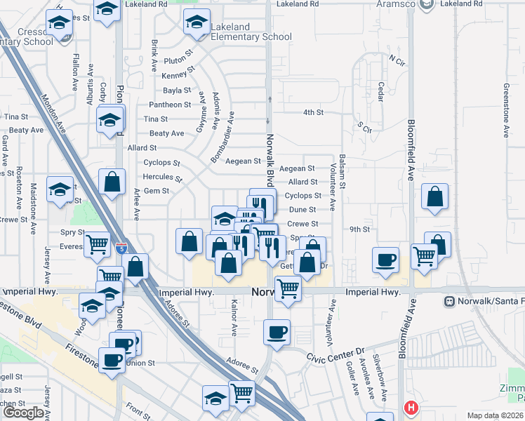 map of restaurants, bars, coffee shops, grocery stores, and more near in Norwalk