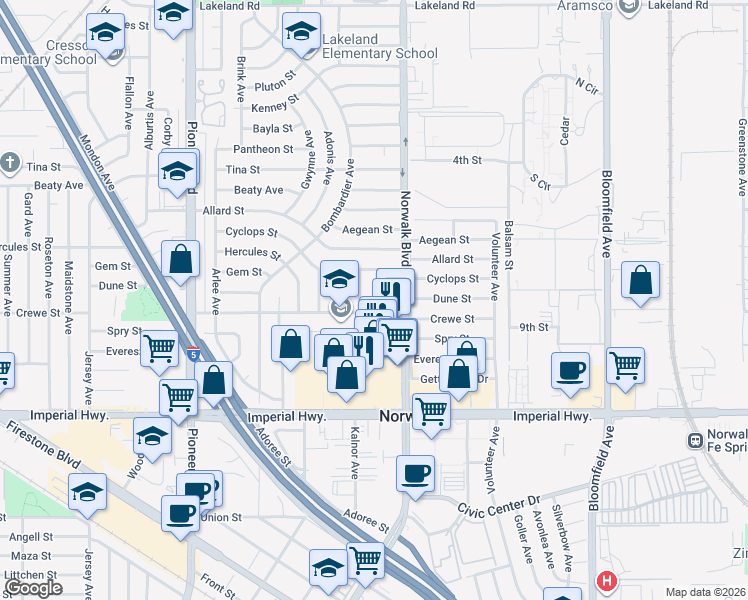 map of restaurants, bars, coffee shops, grocery stores, and more near 12119 Busiris Avenue in Norwalk