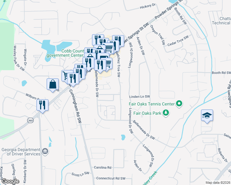 map of restaurants, bars, coffee shops, grocery stores, and more near 620 Springhollow Lane Southwest in Marietta