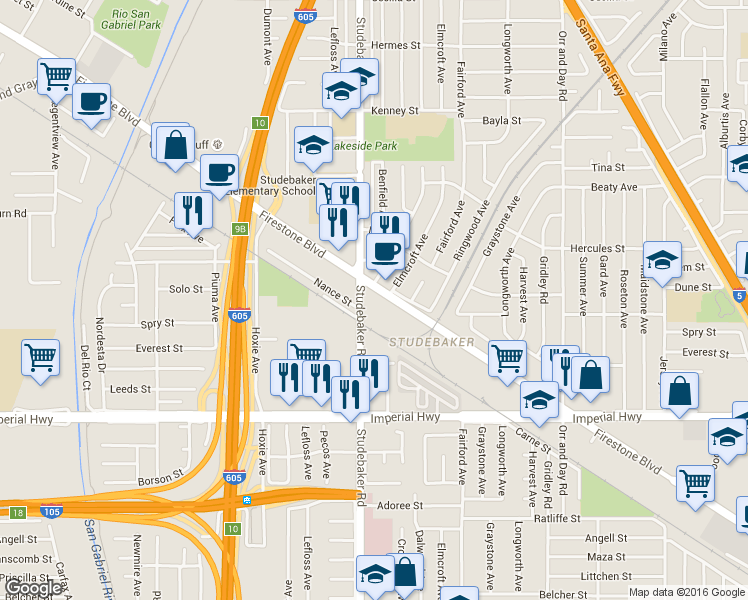 map of restaurants, bars, coffee shops, grocery stores, and more near 11012 Firestone Boulevard in Norwalk