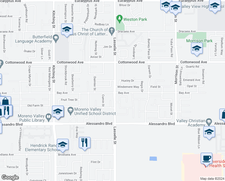 map of restaurants, bars, coffee shops, grocery stores, and more near 25988 Bay Avenue in Moreno Valley