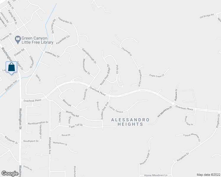 map of restaurants, bars, coffee shops, grocery stores, and more near 1107 Overlook Parkway in Riverside