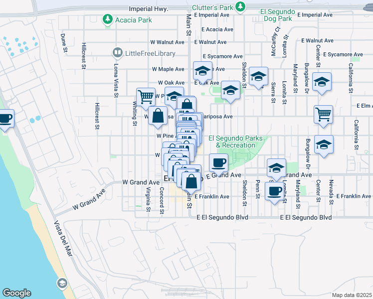 map of restaurants, bars, coffee shops, grocery stores, and more near in El Segundo