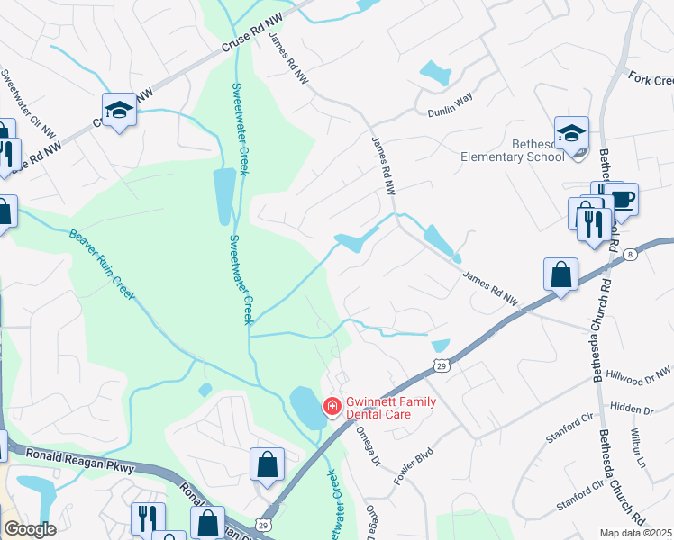 map of restaurants, bars, coffee shops, grocery stores, and more near 3375 Grove Meadows Cove in Lawrenceville